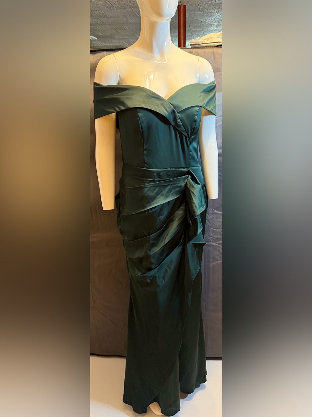 Off-Shoulder Emerald Green Draped Evening Gown